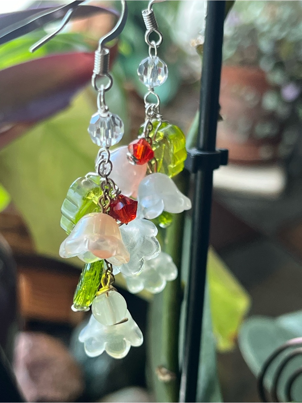 Handmade White Floral Drop Earrings with Green and Red Accents
